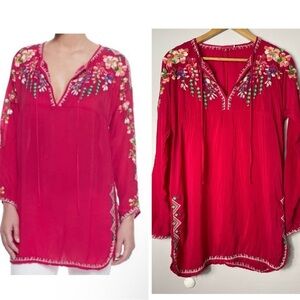 Johnny Was Vanessa Red Embroidered Semi Sheer Tunic Blouse